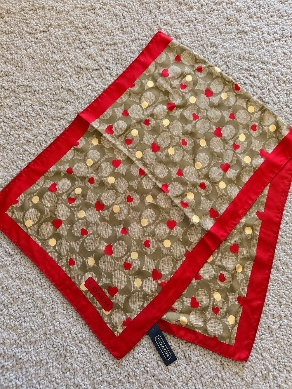 Coach Signature Hearts Silk Scarf – Red Trim Monogram Print Square Scarf